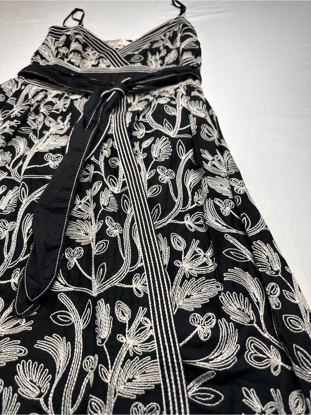 Studio M Petite Black White Embroidered Cotton Sundress SP Tie Waist Boho Sash - Picture 8 of 10